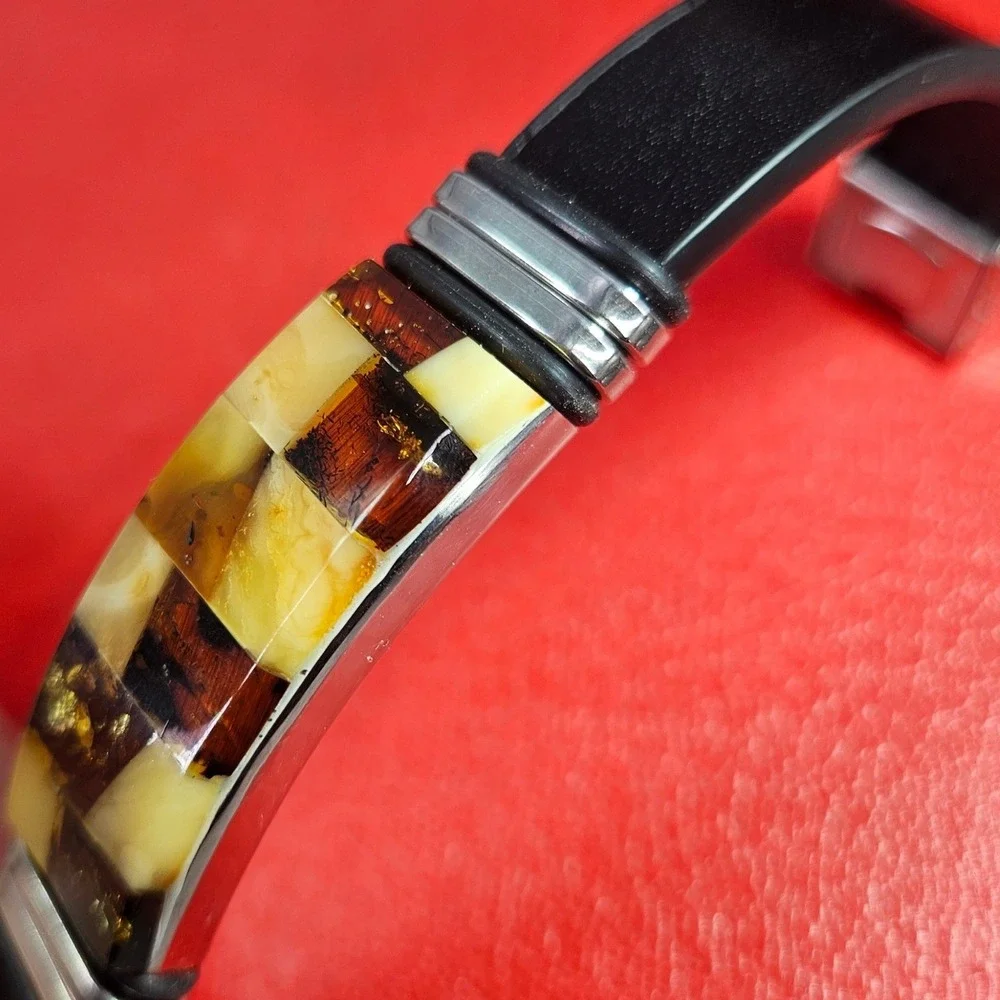Ewa Plachta Baltic Amber Stainless Steel Leather Checkerboard Bracelet Unisex‎